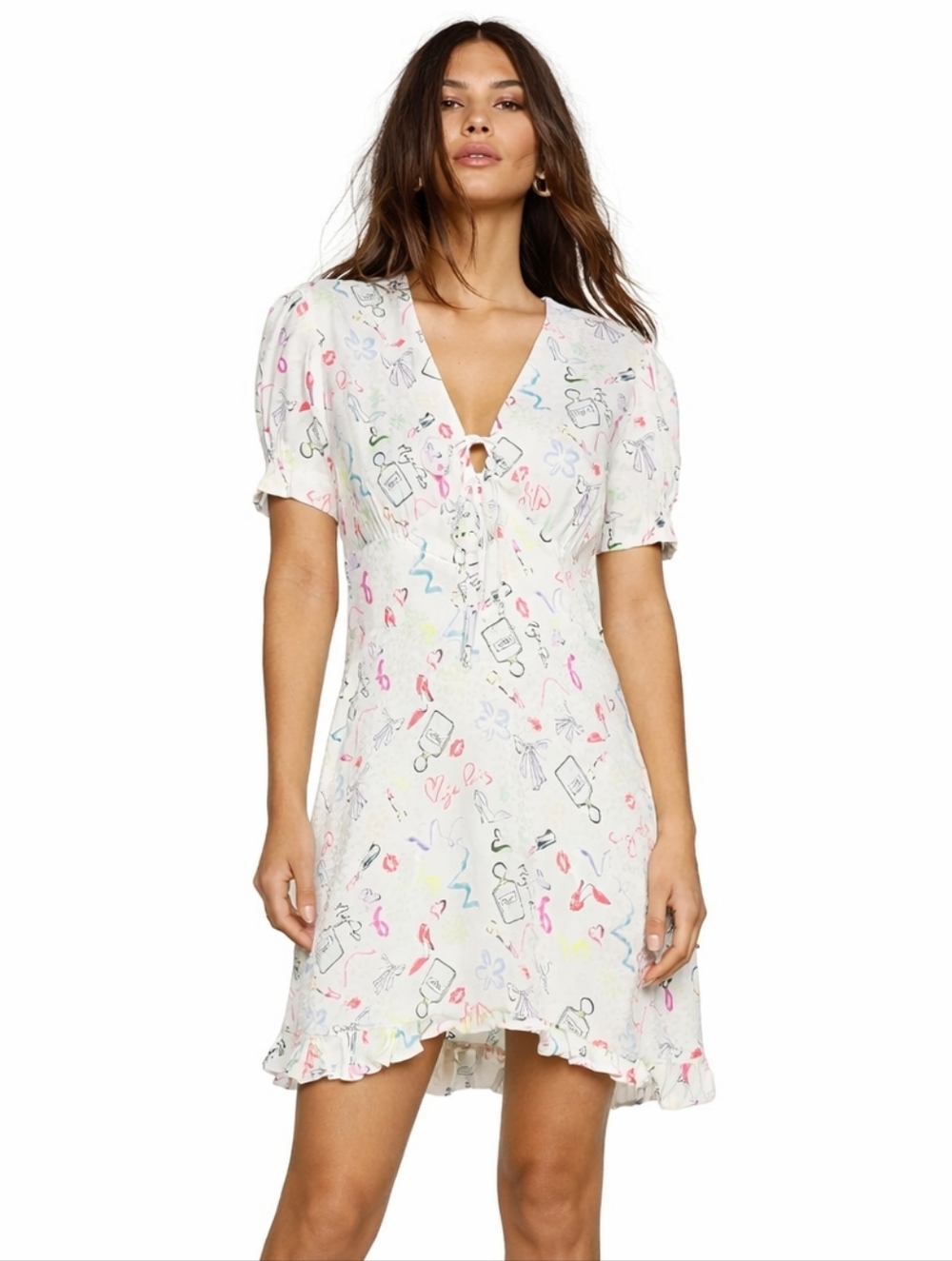 Maje Ramake Graphic Print Puff Sleeve Ruffle Mini Dress Size S